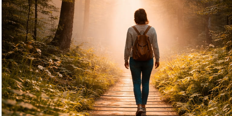 Eine Frau geht auf einem hölzernen Waldweg in warmes Morgenlicht hinein. Sonnenstrahlen fallen durch die Bäume und erzeugen eine ruhige, hoffnungsvolle Atmosphäre. Das Bild symbolisiert Zuversicht und den Mut, dem Ungewissen zu trauen.